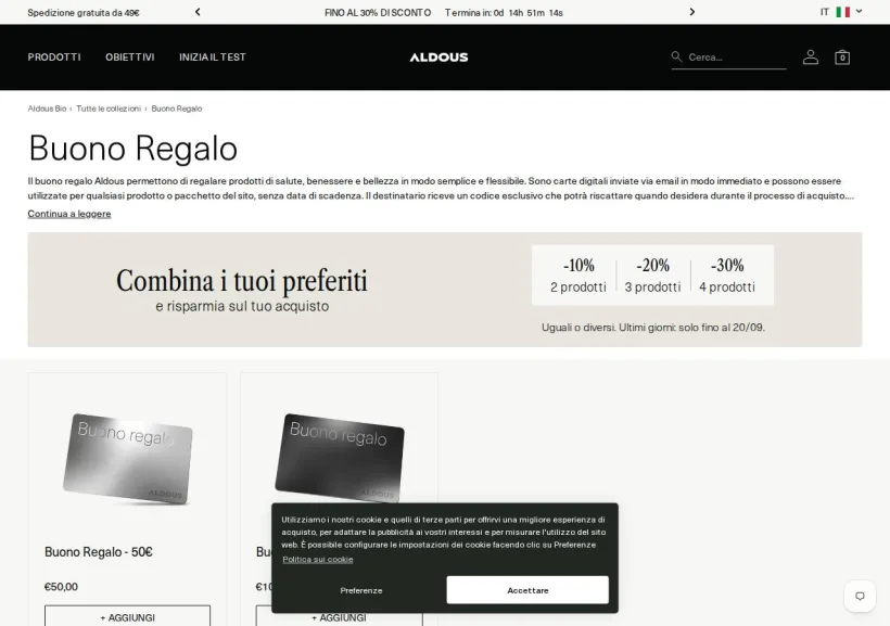 Schermata della pagina offerta di Aldous Bio