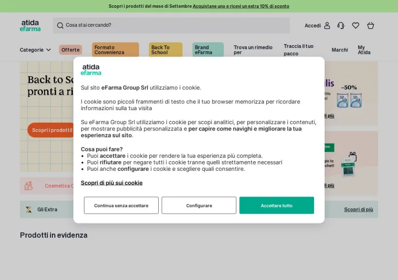Schermata della pagina offerta di eFarma