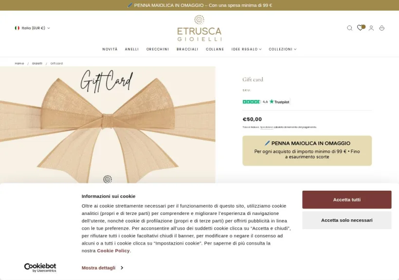Schermata della pagina offerta di Etrusca Gioielli