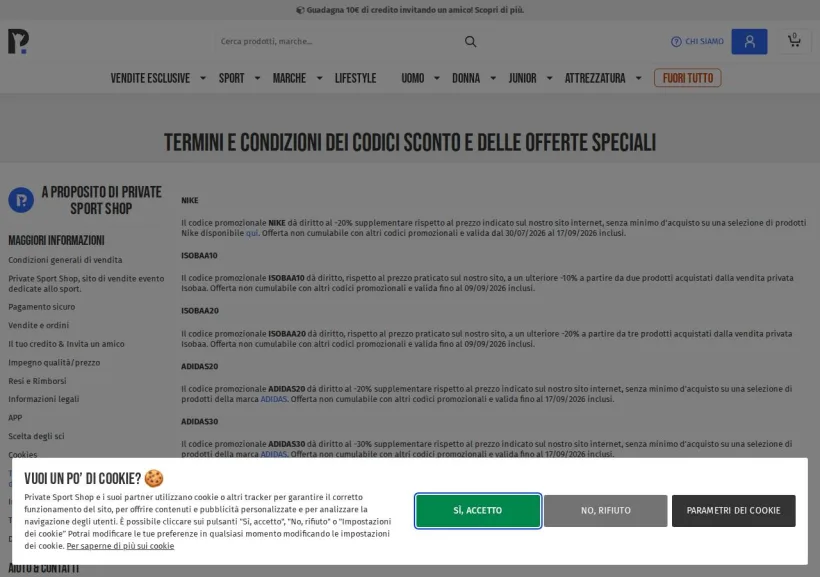 Schermata della pagina offerta di Private Sport Shop