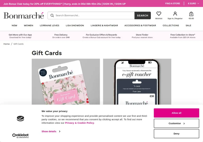 Schermata della pagina offerta di Bonmarche