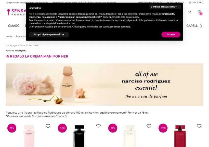 Schermata della pagina offerta di SensationProfumerie