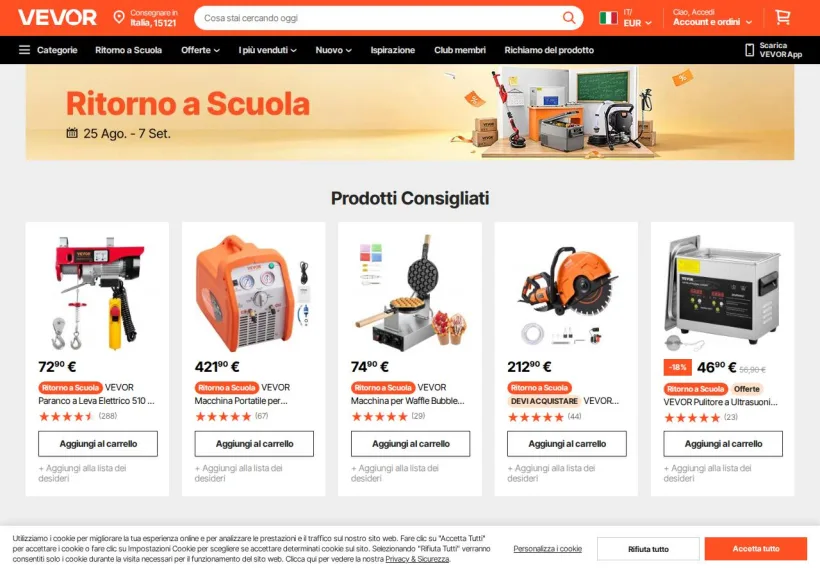 Schermata della pagina offerta di Vevor