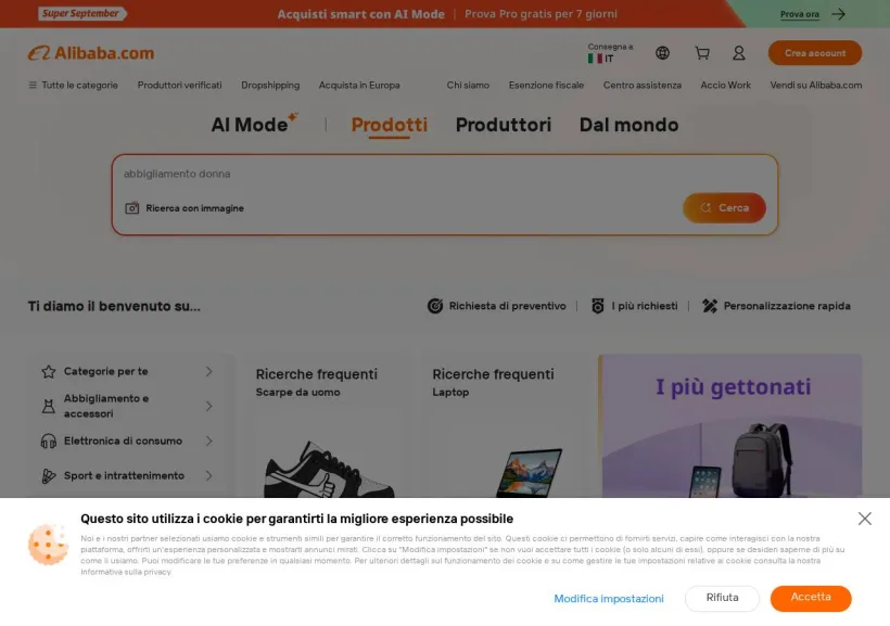 Schermata della pagina offerta di Alibaba