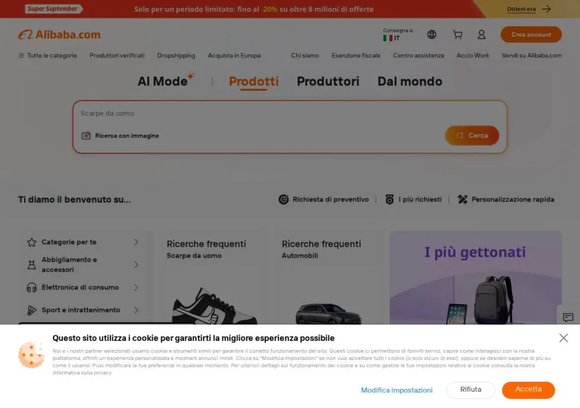 Schermata della pagina offerta di Alibaba