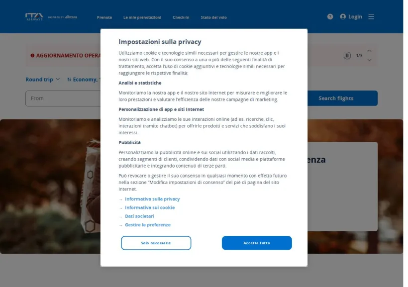Schermata della pagina offerta di ITA Airways