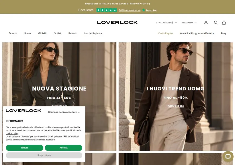 Schermata della pagina offerta di Loverlock boutique on line