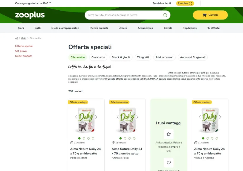 Schermata della pagina offerta di Zooplus