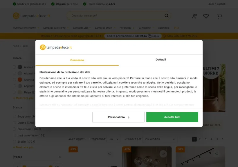 Schermata della pagina offerta di Lampada e Luce
