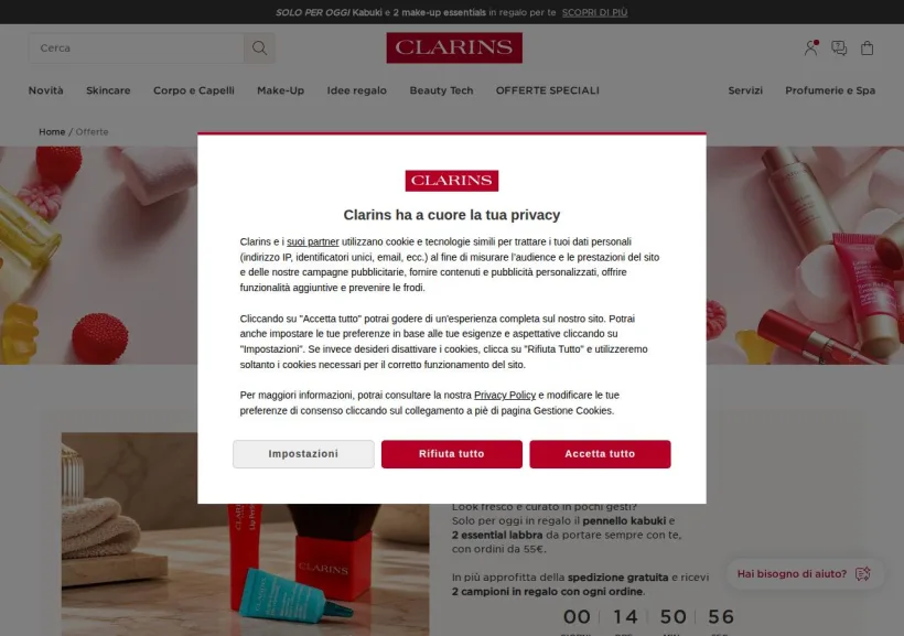 Schermata della pagina offerta di Clarins