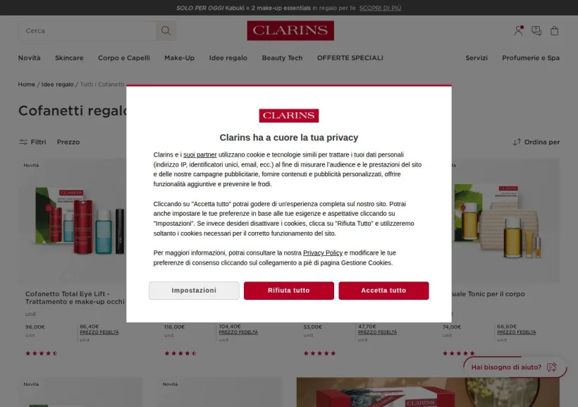 Schermata della pagina offerta di Clarins