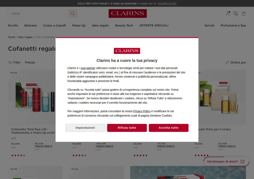 Schermata della pagina offerta di Clarins