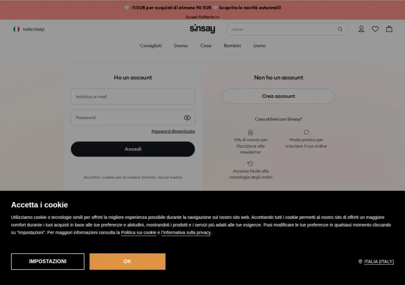 Schermata della pagina offerta di Sinsay