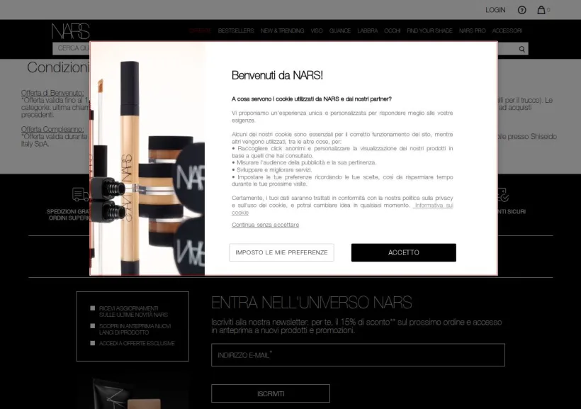 Schermata della pagina offerta di NARS