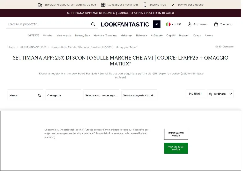 Schermata della pagina offerta di Look Fantastic