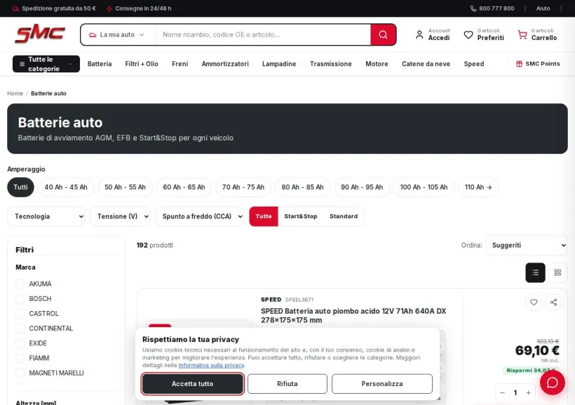 Schermata della pagina offerta di Ricambi Auto SMC