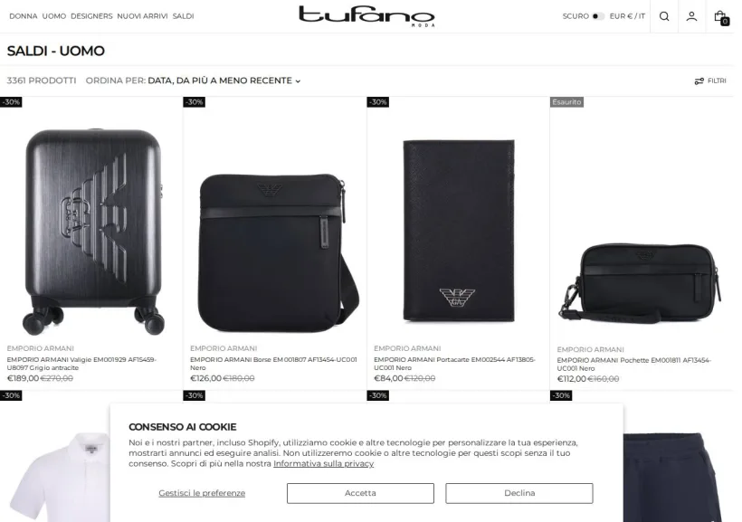 Schermata della pagina offerta di Tufano Moda