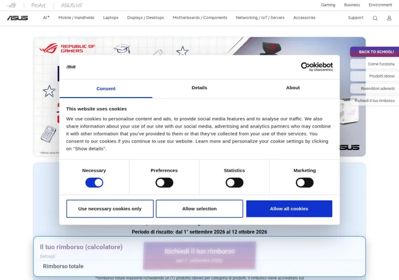 Schermata della pagina offerta di Asus