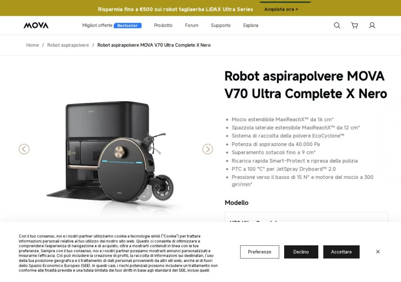 Schermata della pagina offerta di Mova