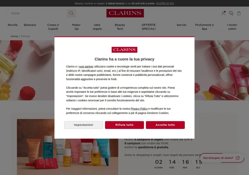 Schermata della pagina offerta di Clarins