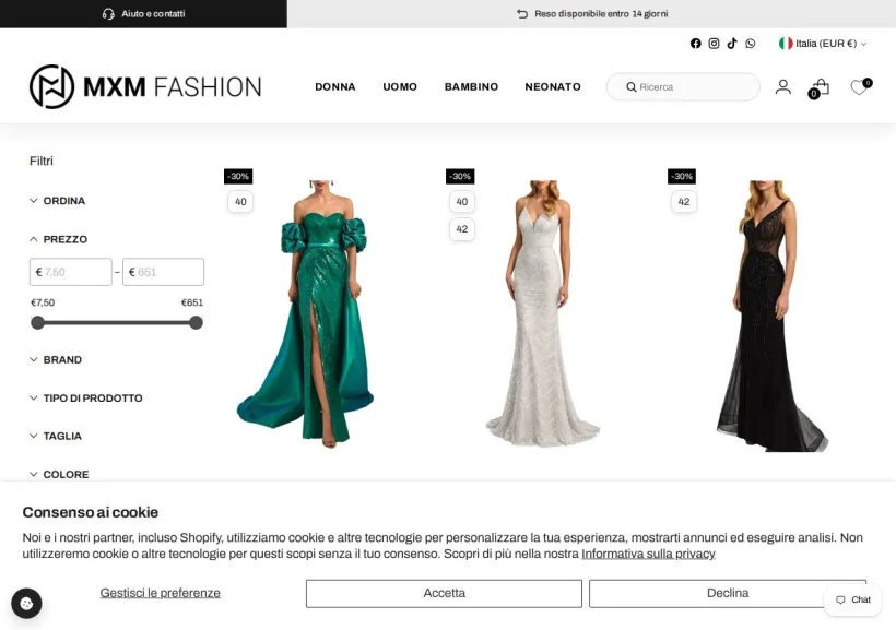 Schermata della pagina offerta di MXM Fashion