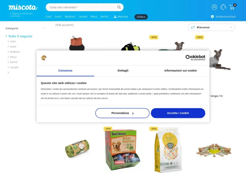 Schermata della pagina offerta di Miscota