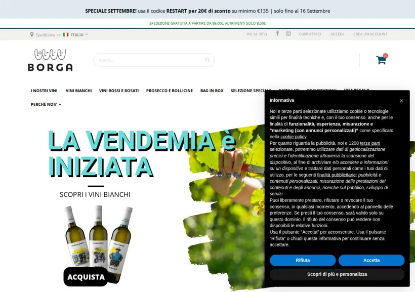 Schermata della pagina offerta di Cantine Borga