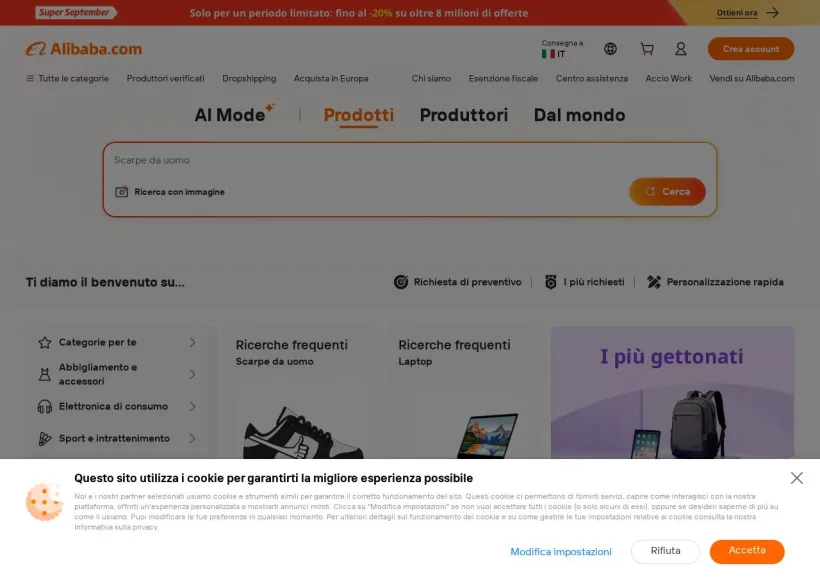 Schermata della pagina offerta di Alibaba
