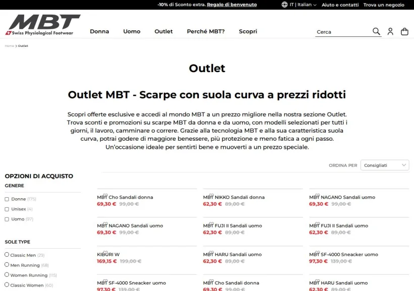 Schermata della pagina offerta di MBT