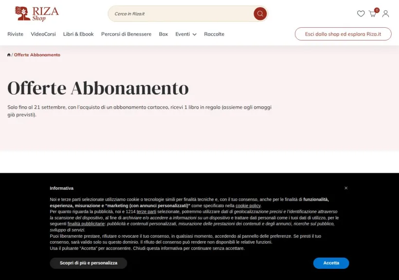 Schermata della pagina offerta di Edizioni Riza 
