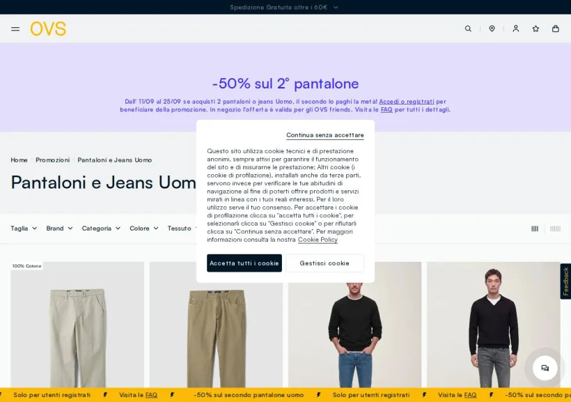 Schermata della pagina offerta di OVS