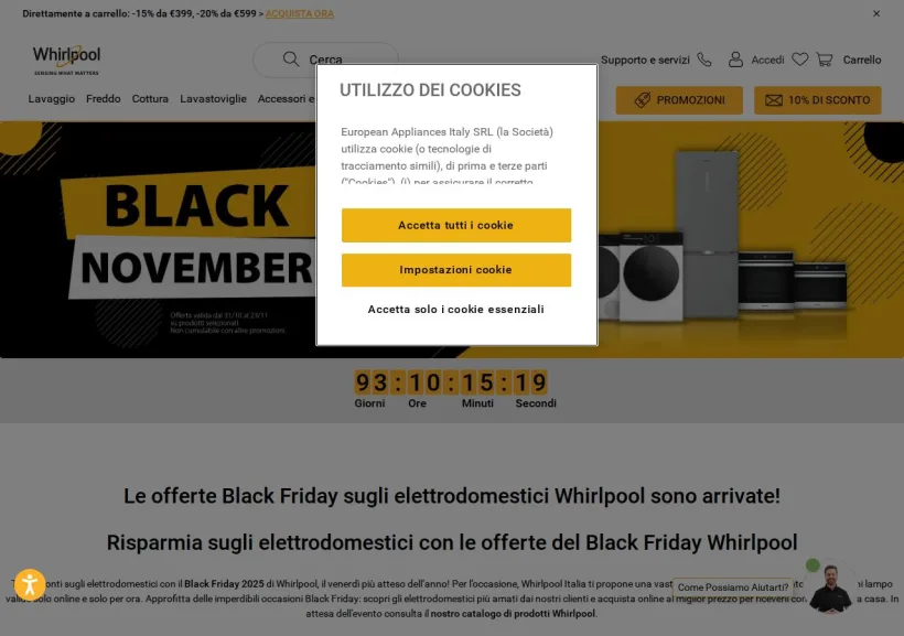 Schermata della pagina offerta di Whirlpool