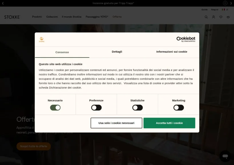 Schermata della pagina offerta di Stokke