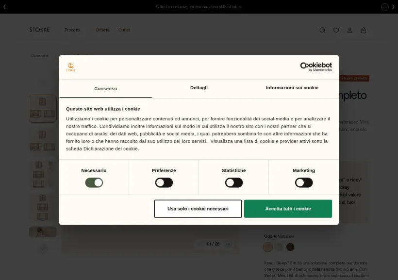 Schermata della pagina offerta di Stokke