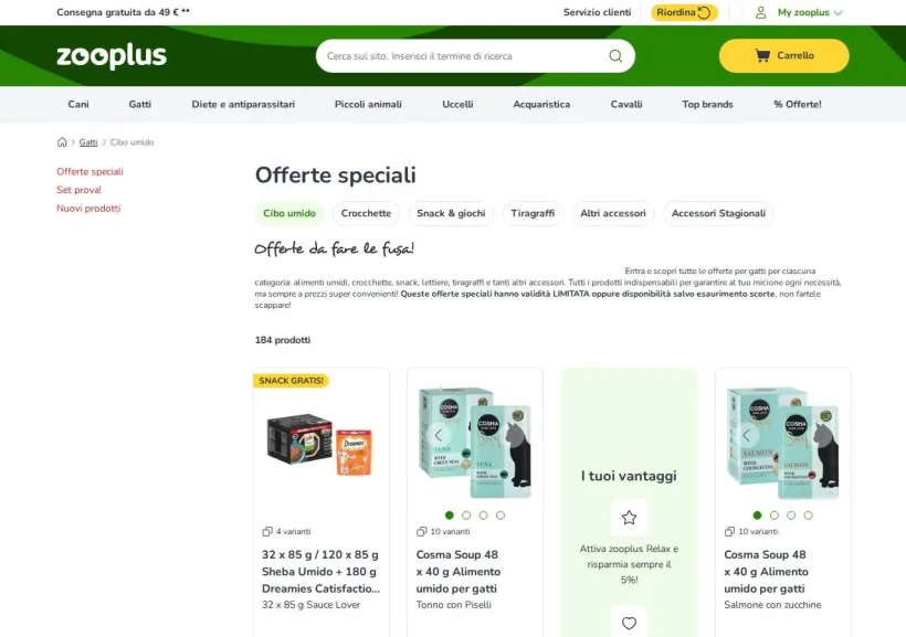 Schermata della pagina offerta di Zooplus