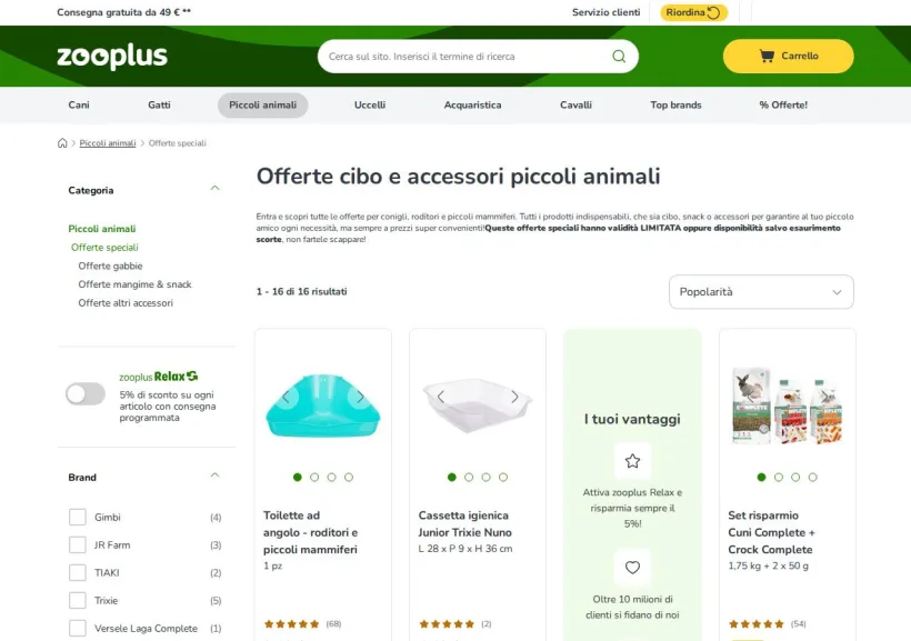 Schermata della pagina offerta di Zooplus