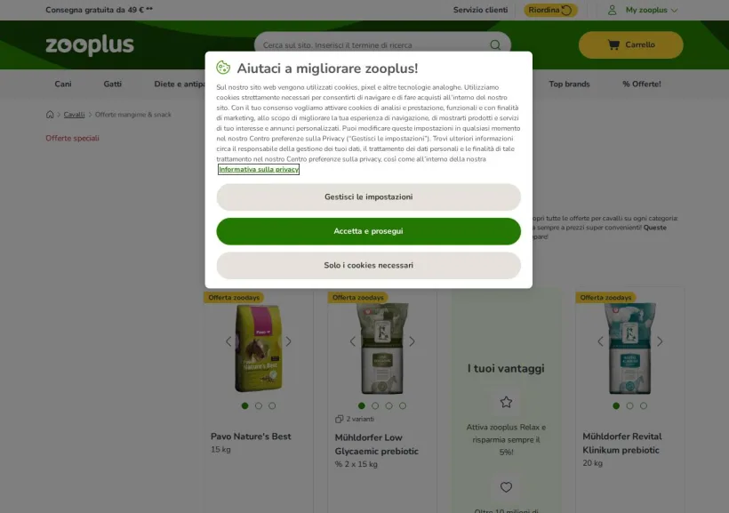 Schermata della pagina offerta di Zooplus