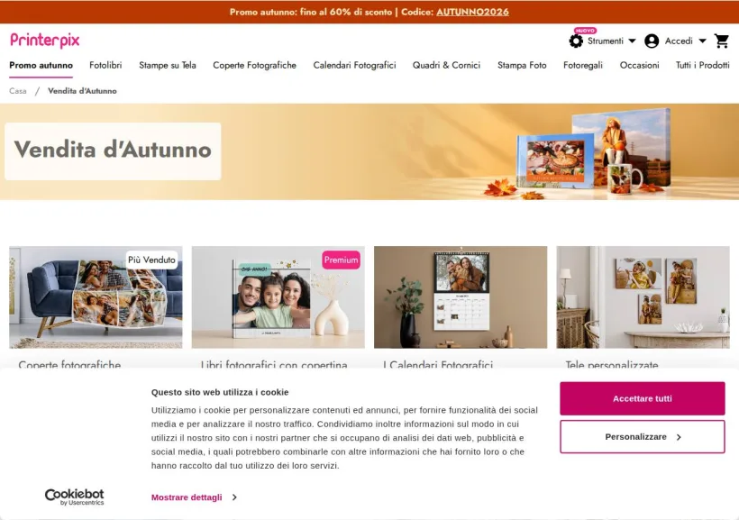 Schermata della pagina offerta di Printerpix