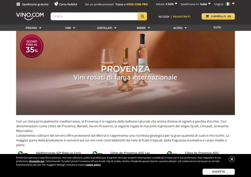 Schermata della pagina offerta di Vino.com