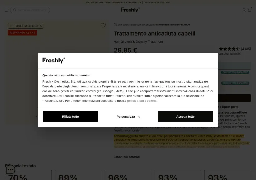 Schermata della pagina offerta di Freshly Cosmetics