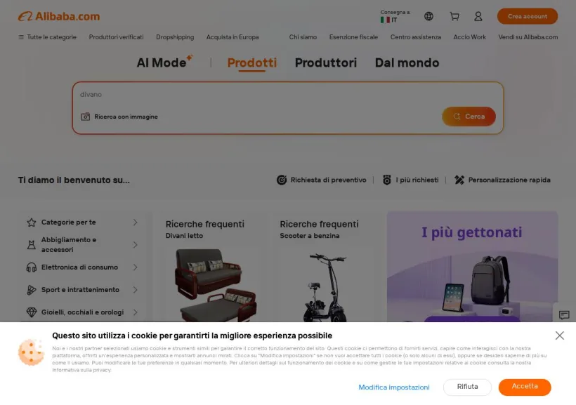 Schermata della pagina offerta di Alibaba