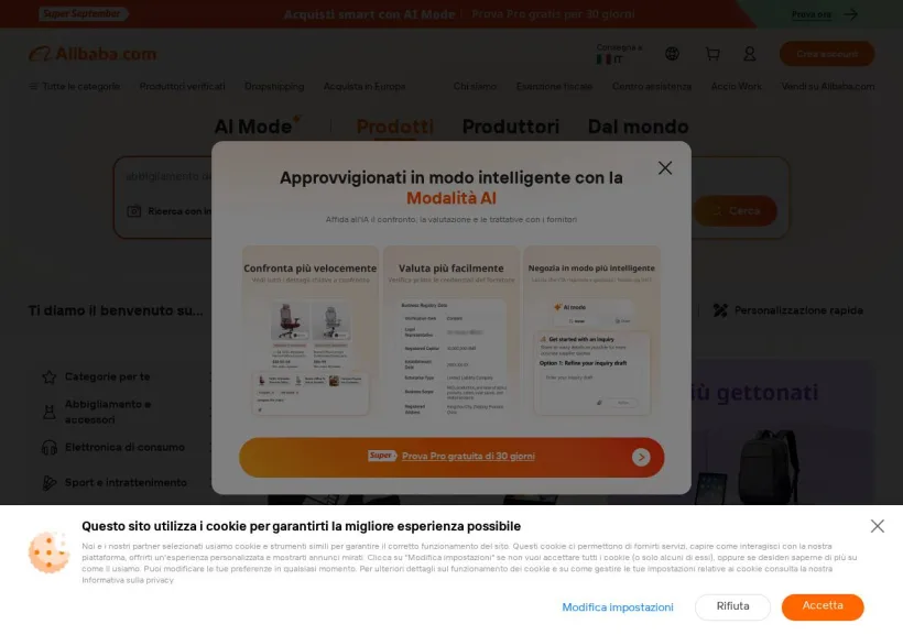 Schermata della pagina offerta di Alibaba