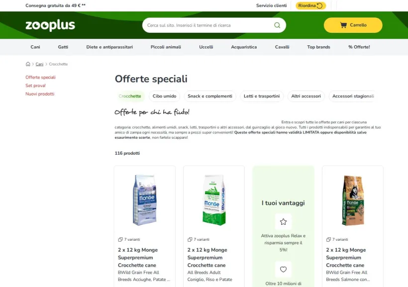 Schermata della pagina offerta di Zooplus