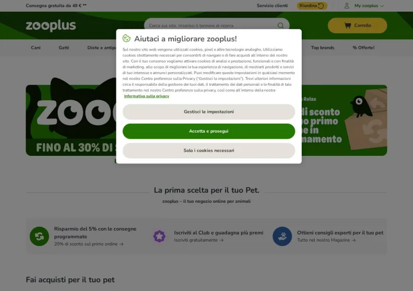 Schermata della pagina offerta di Zooplus