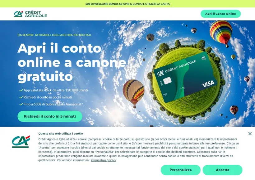 Schermata della pagina offerta di Crédit Agricole