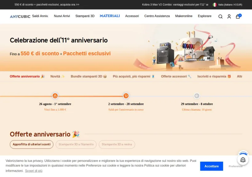 Schermata della pagina offerta di Anycubic