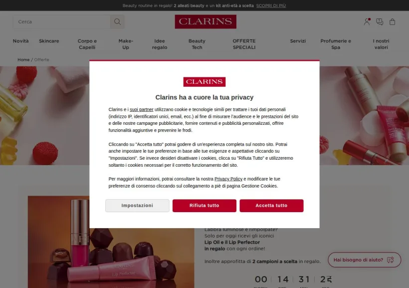Schermata della pagina offerta di Clarins