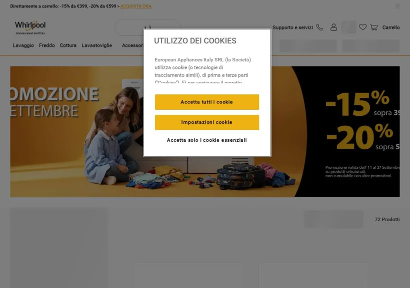 Schermata della pagina offerta di Whirlpool