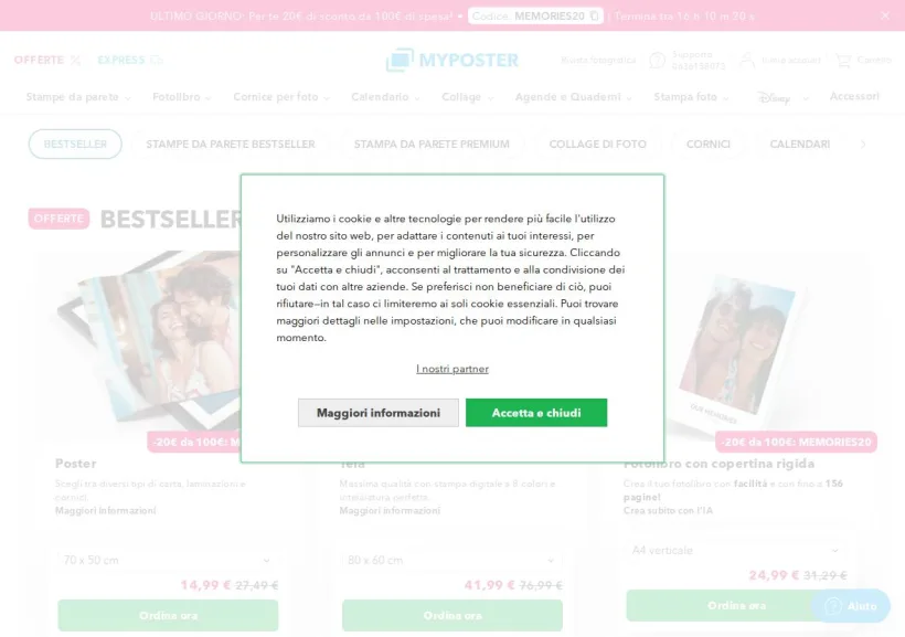 Schermata della pagina offerta di Myposter
