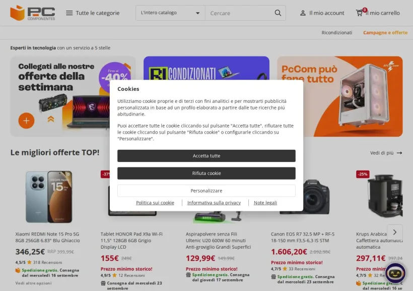 Schermata della pagina offerta di Pc Componentes